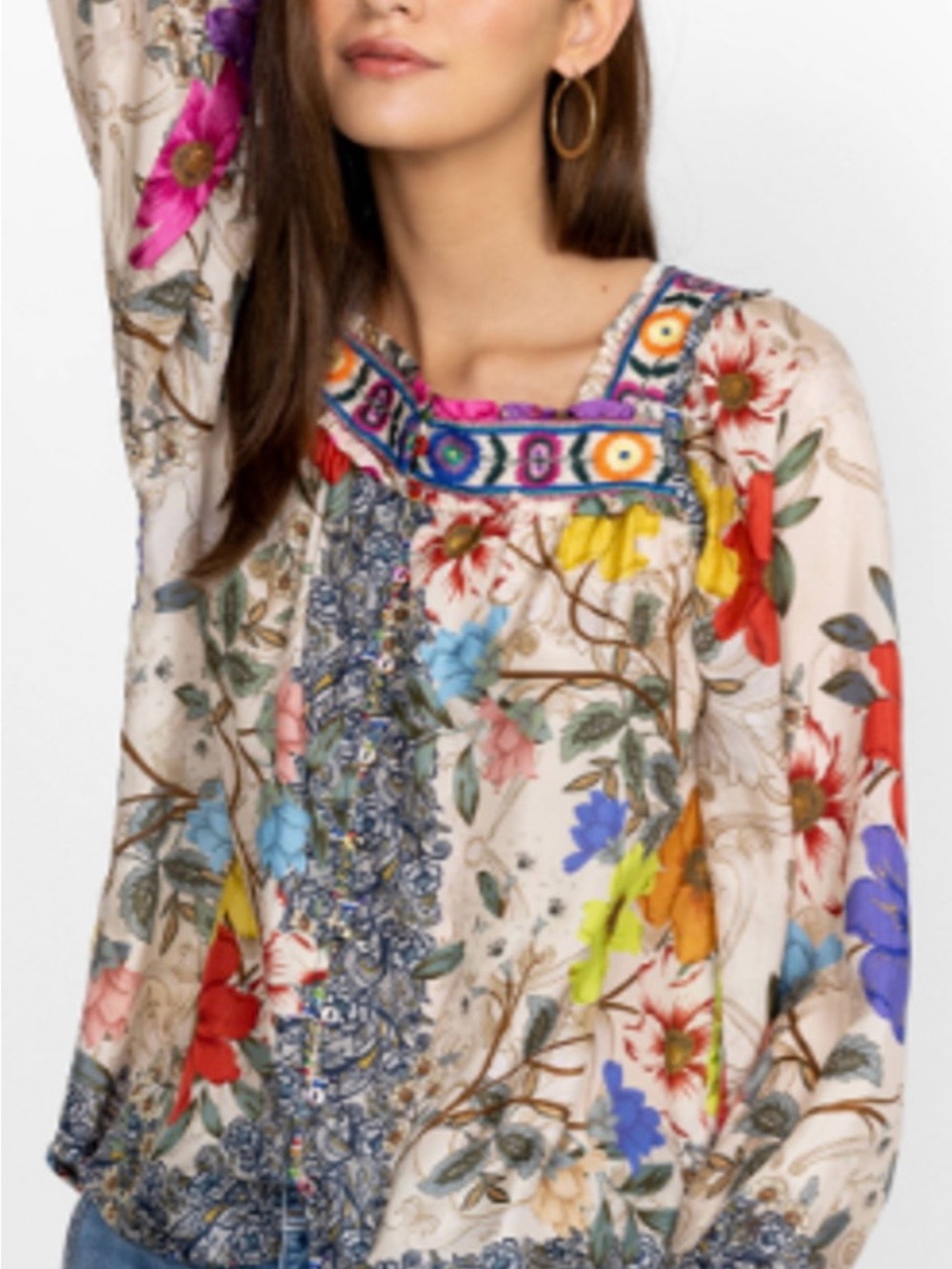 Johnny Was Cream Floral Embroidered Peasant Top with Multicolor Accents